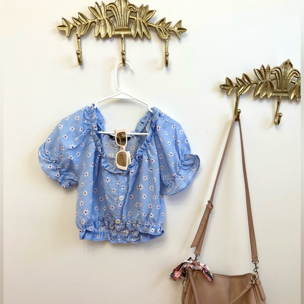 ZARA Sky blue floral puff sleeve M - Picture 3 of 3